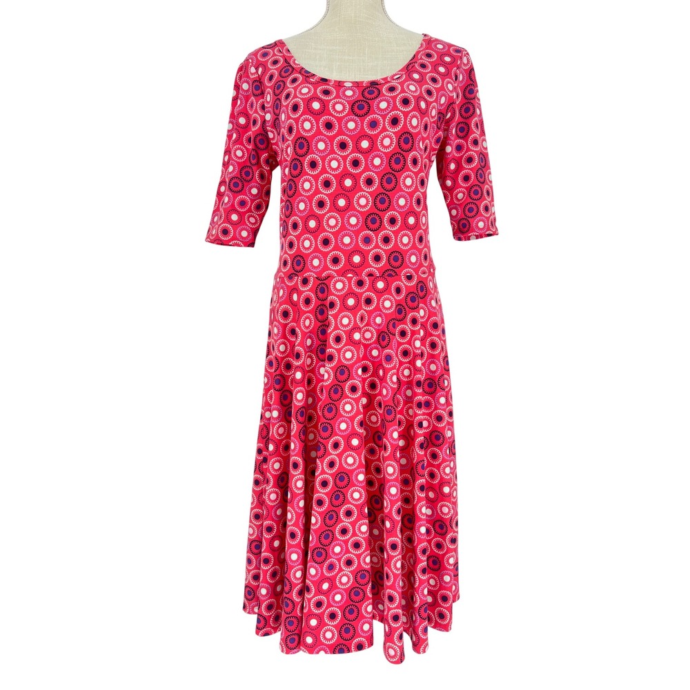 LuLaRoe Nicole Dress Womens Large Pink Floral Medallion Fit Flare Midi Casual